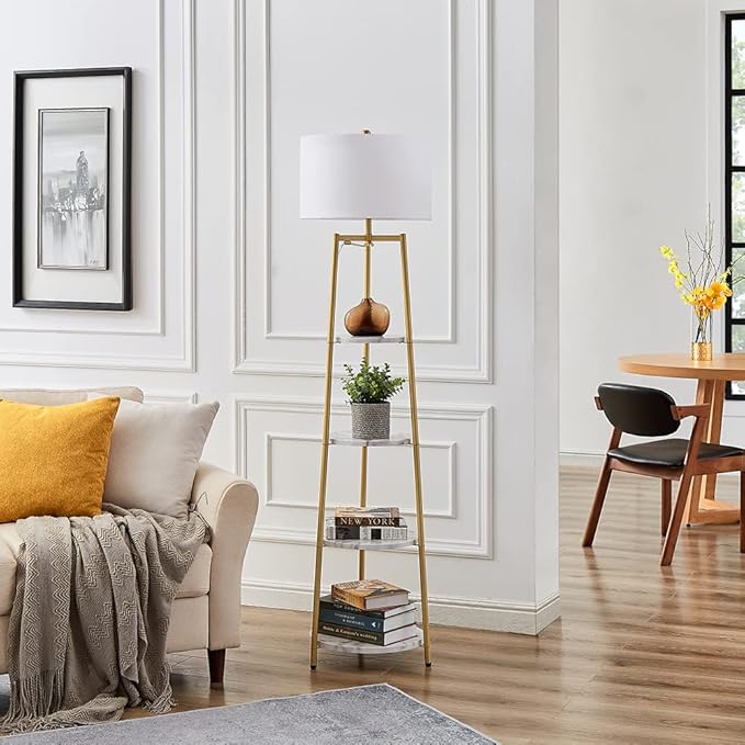 Modern Golden Floor Lamp with Shelves and Fabric Shade