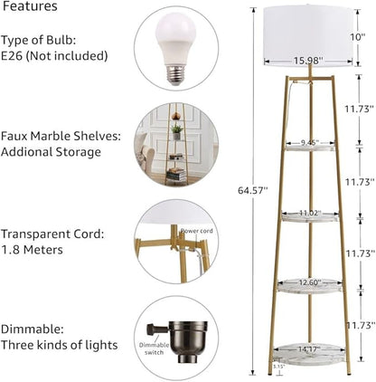 Modern Golden Floor Lamp with Shelves and Fabric Shade