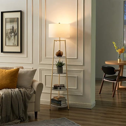 Modern Golden Floor Lamp with Shelves and Fabric Shade