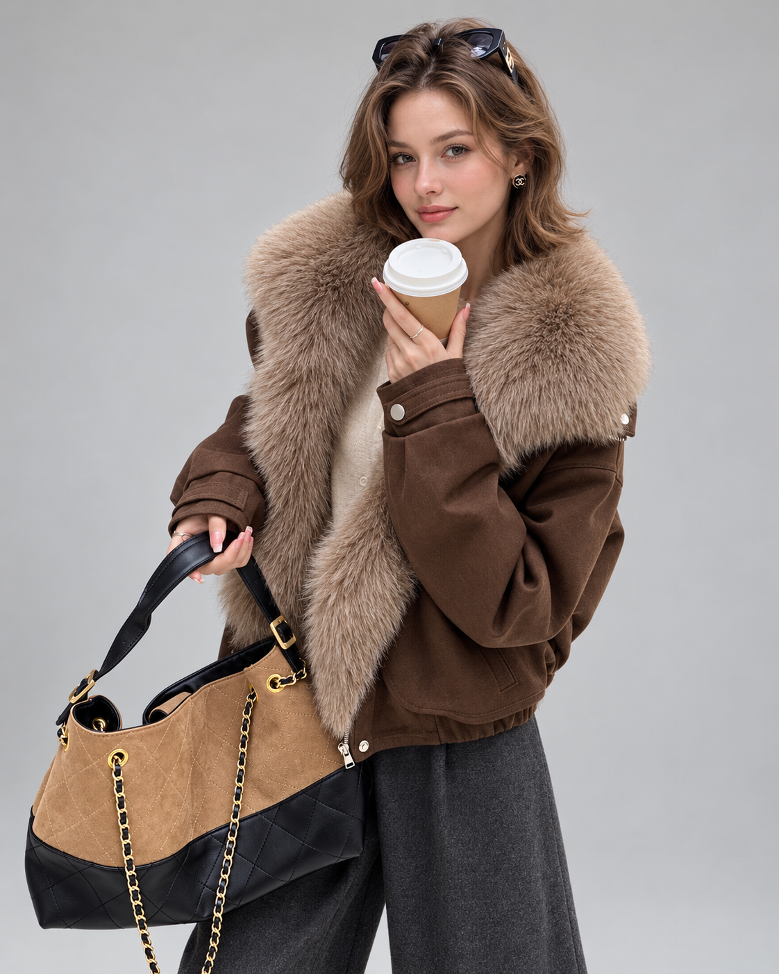 Women’s Brown Leather Jacket With Fur Collar for Winter