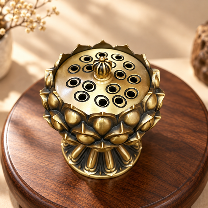 Lotus Incense Burner Brass Decorative Flower Censer with Lid