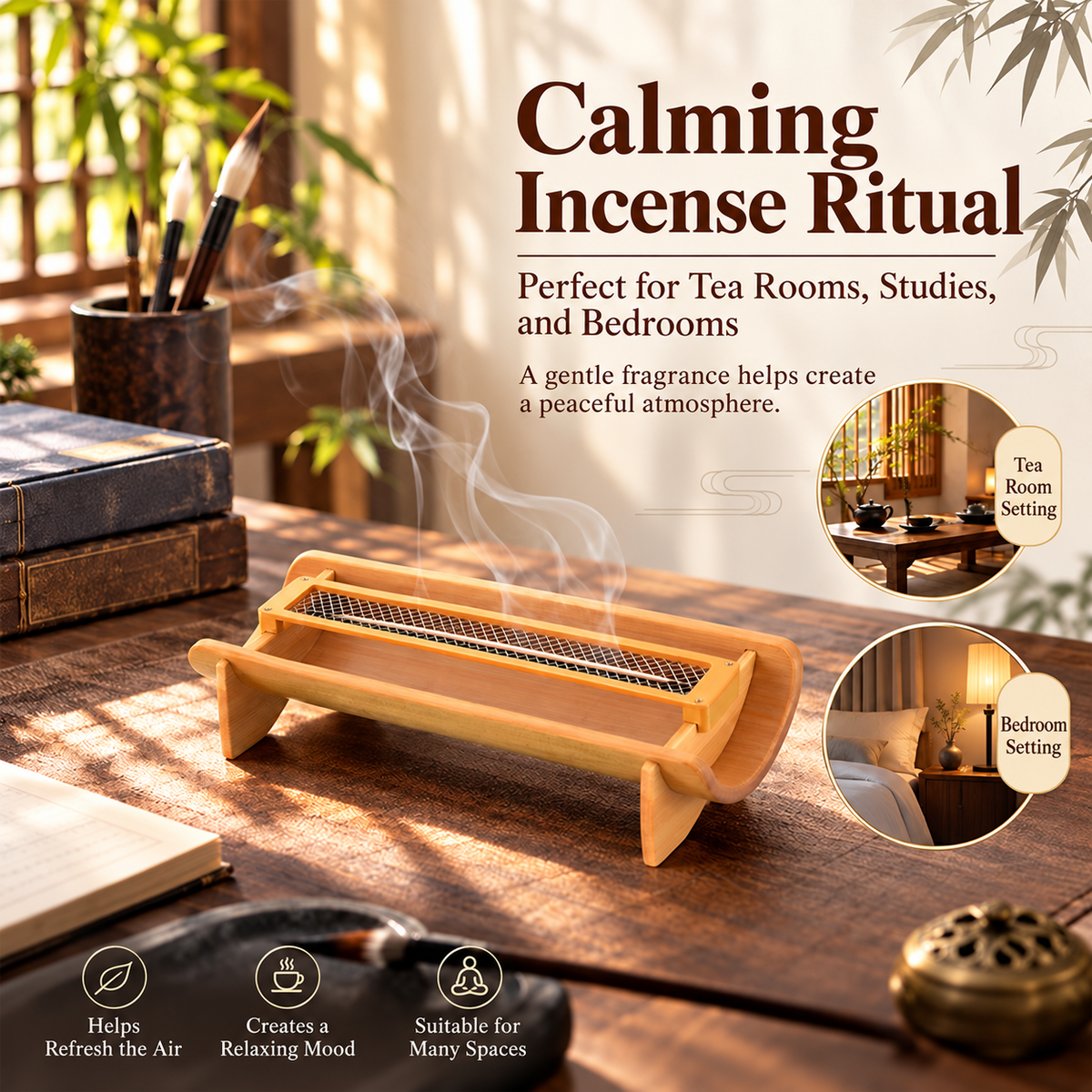 Bamboo Incense Stick Holder with Removable Metal Mesh Ash Tray