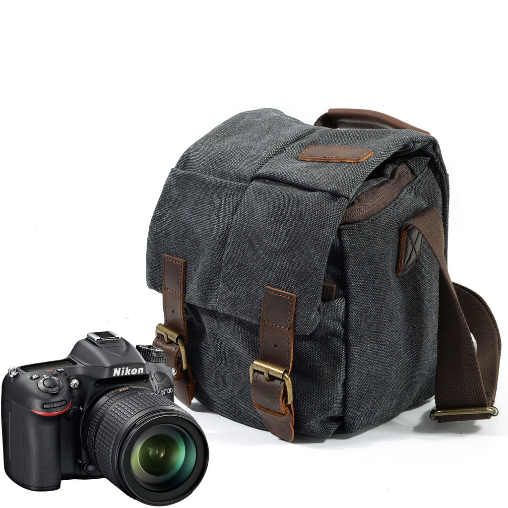 Small Canvas Camera Bag with Top-Grain Cowhide and Dividers 1