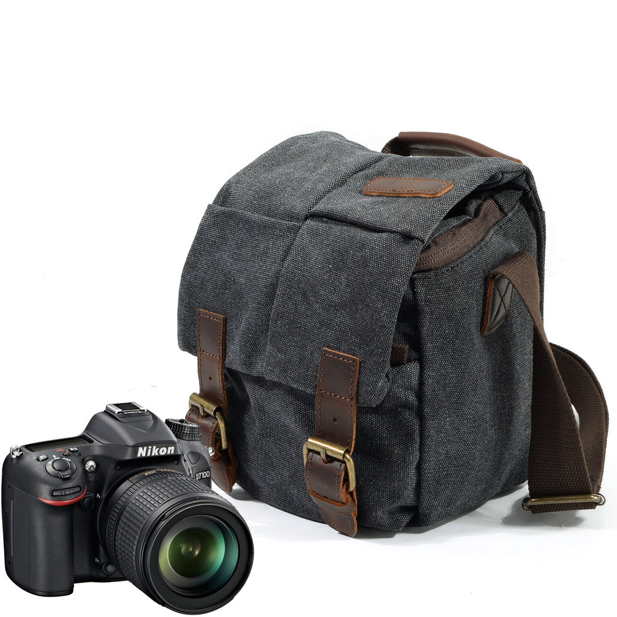 Small Canvas Camera Bag with Top-Grain Cowhide and Dividers 1