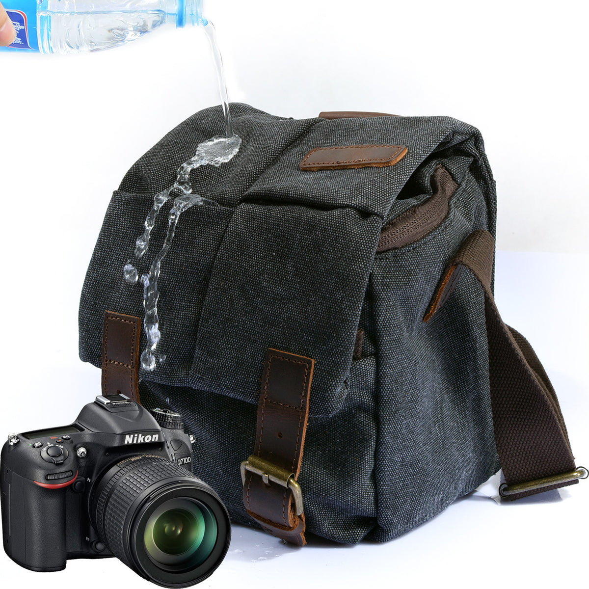 Small Canvas Messenger Bag with Padded Camera Divider and Leather Buckles