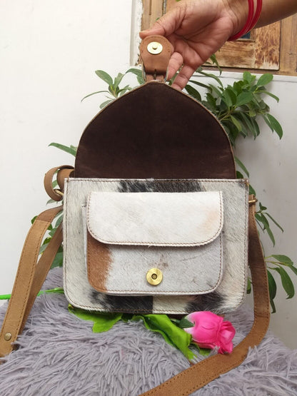 Real Cowhide Sling Bag Black White