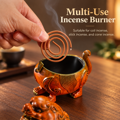 Incense Burner in Antique Brass Lion Design with Sculpted Lid