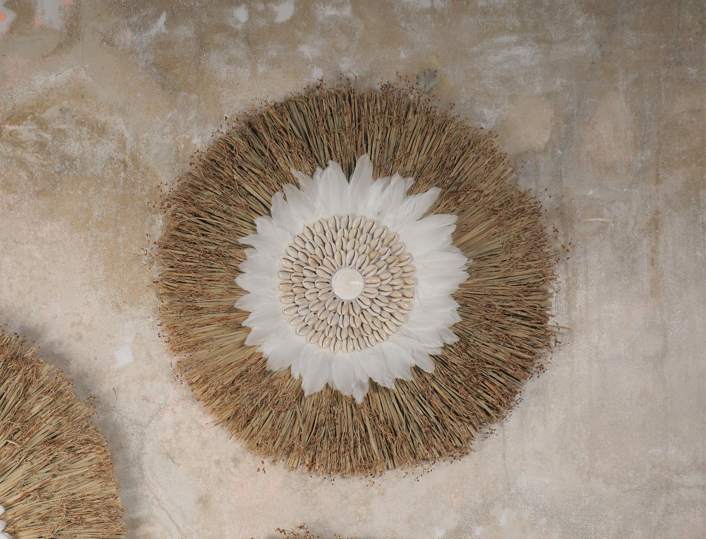 Raffia Grass Sea Shell And Feather Wall Decor