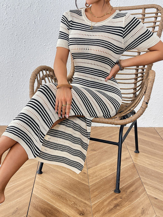 Striped Crochet Knit High Slit Midi Sundress for Women