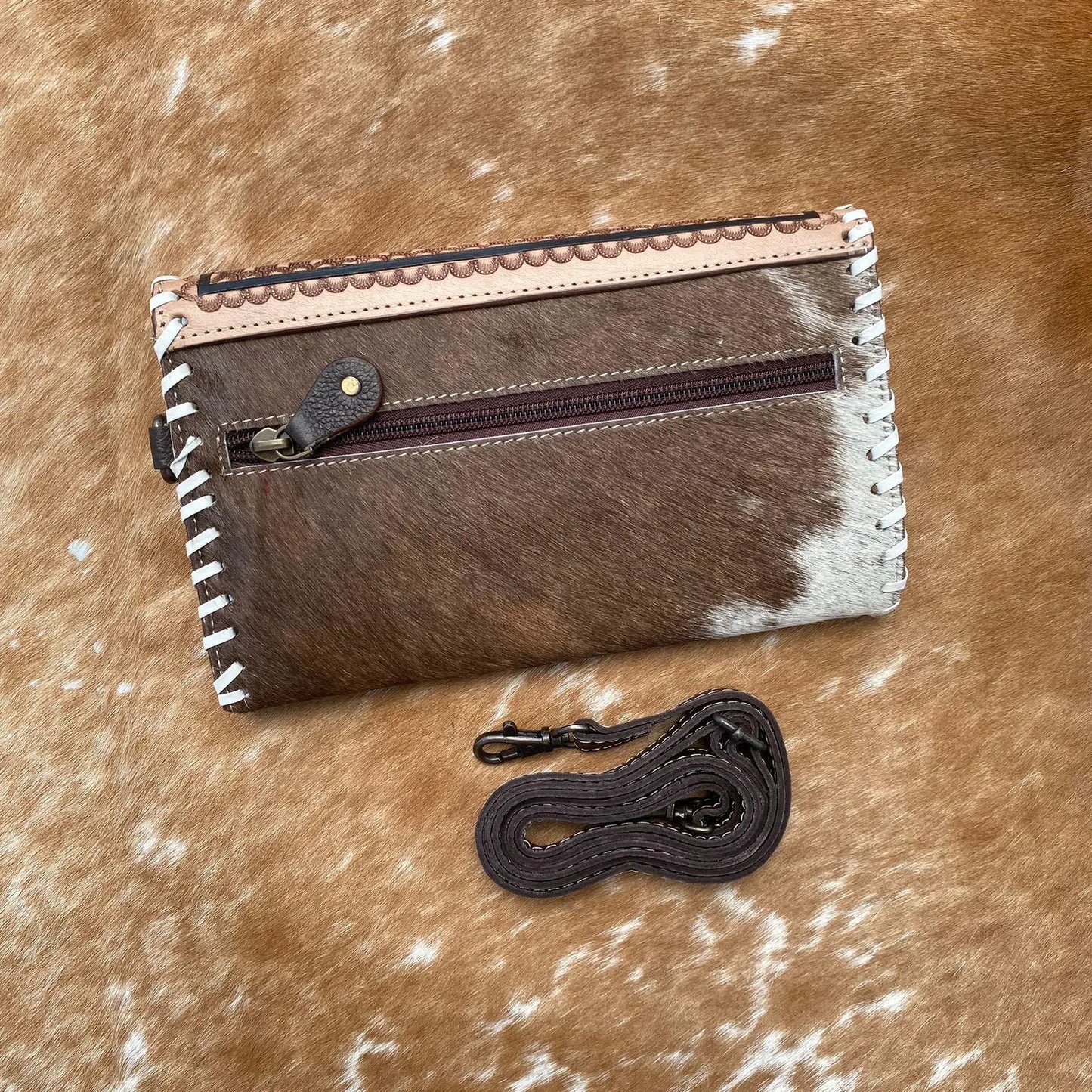 Hair On Cow Skin Tooled Crossbody Wallet