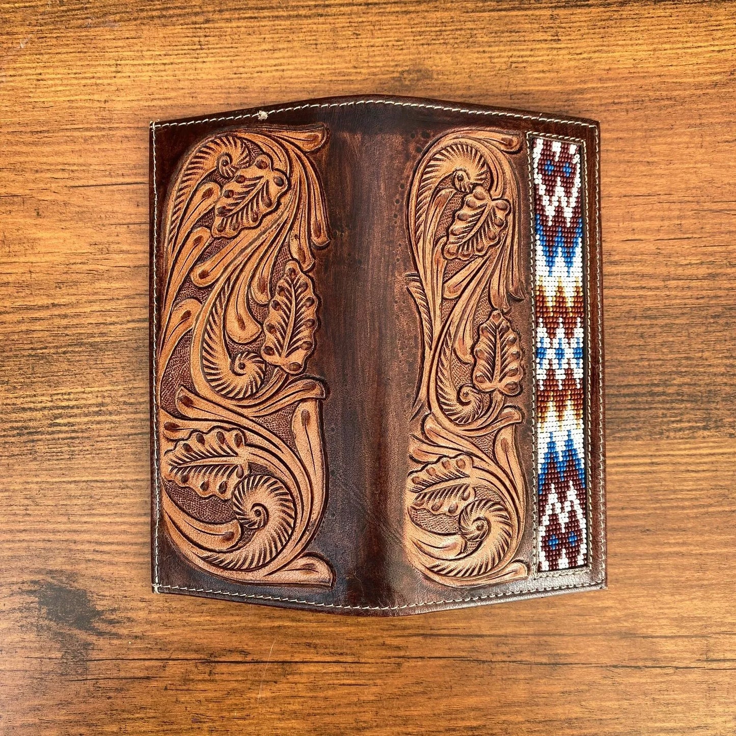 tooled leather long wallet bifold