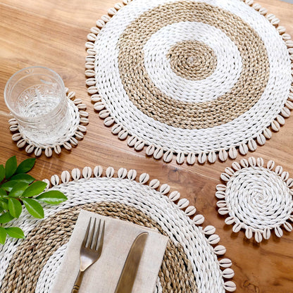 Natural seagrass placemats with cowrie shells