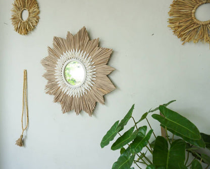 Sunburst shape raffia cowrie sea shells mirror