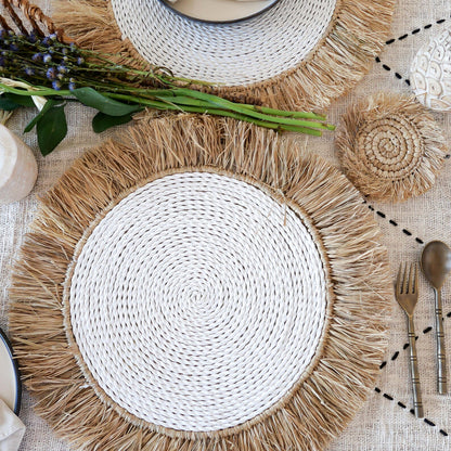 Natural Raffia fringed white placemat