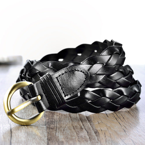 Slim Brown Braided Leather Waist Belt with Gold Buckle