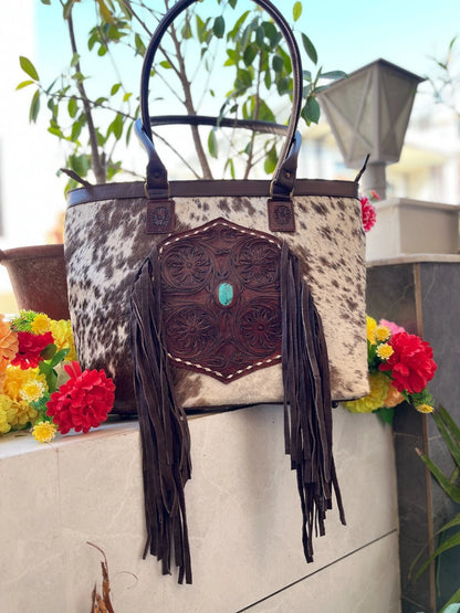 Cowhide Tooled Leather Handbag Fringe