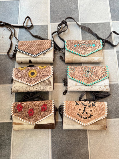 tooled leather hair on hide crossbody handbag