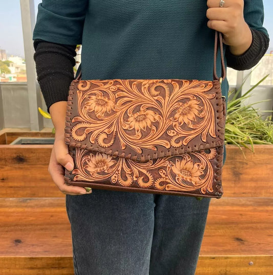 Tooled Leather Crossbody Sling Bag