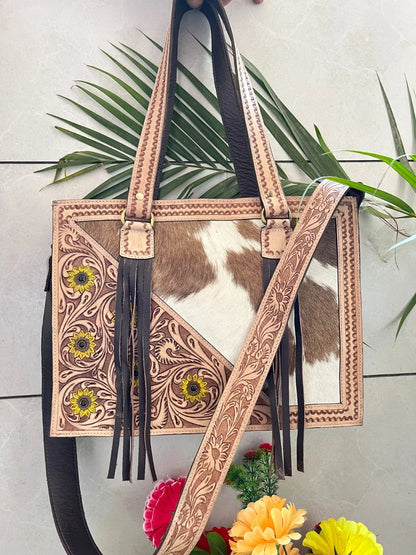 Hand Tooled Leather Cowhide Tote Bag