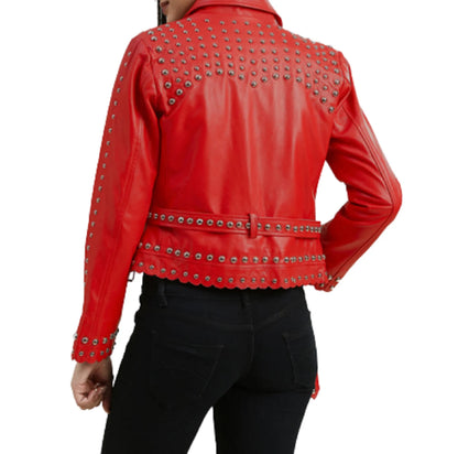 Women's Studded Red Leather Jacket with Belt