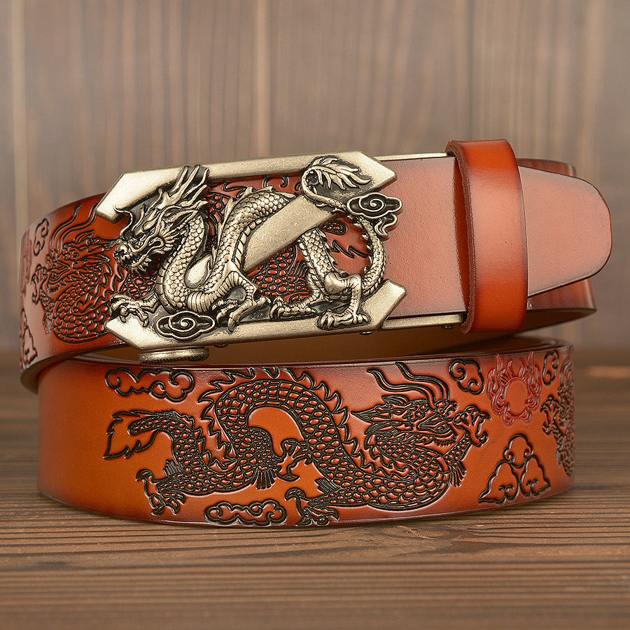 Men Dragon Leather Belt With Alloy Automatic Buckle