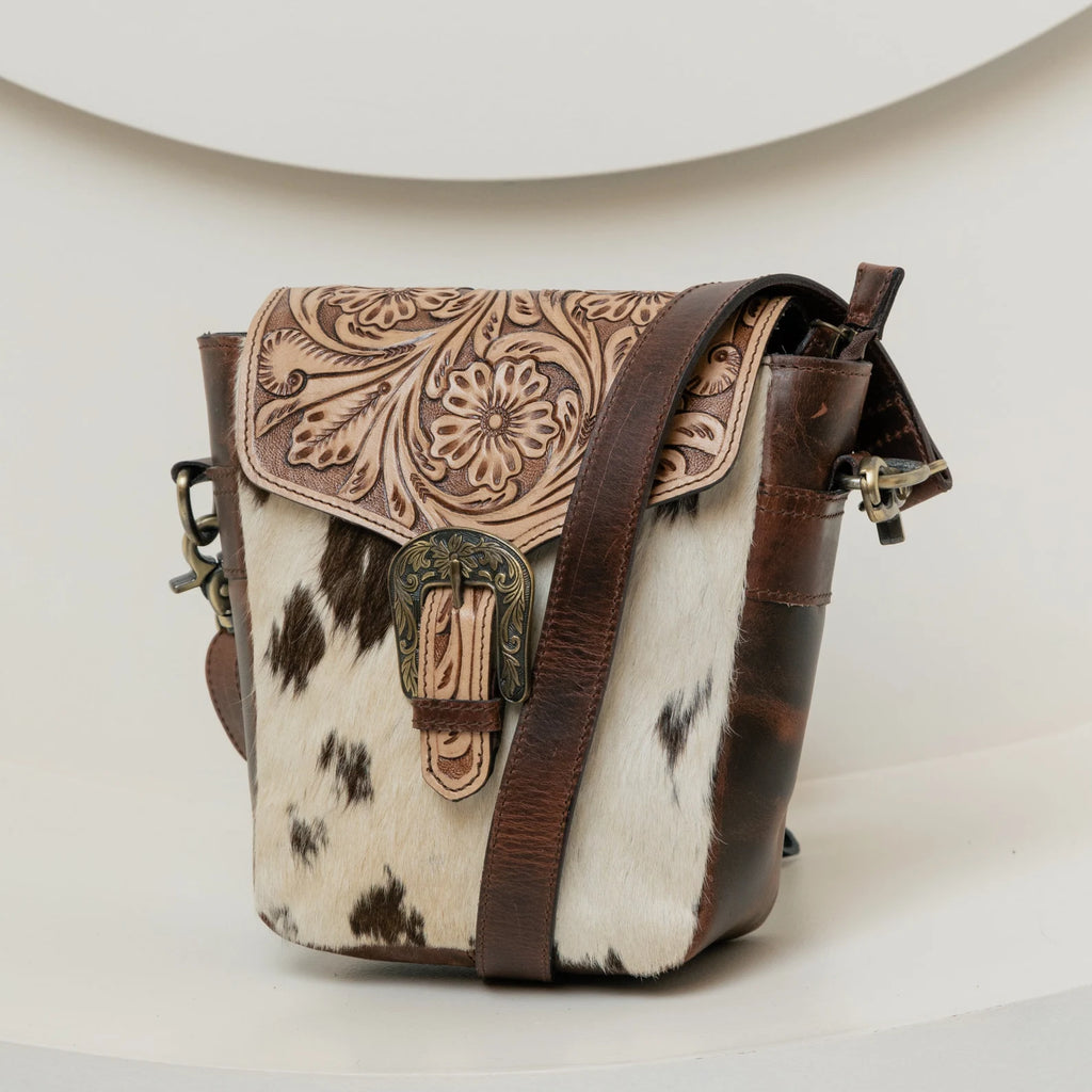 Cowhide crossbody bag with tooled leather