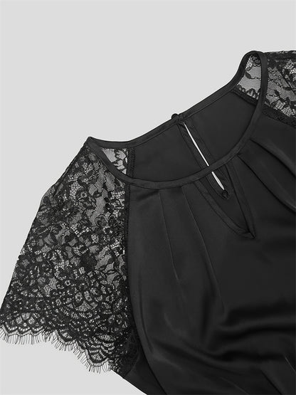 Black Lace Sleeve A-Line Evening Dress With Waist Tie