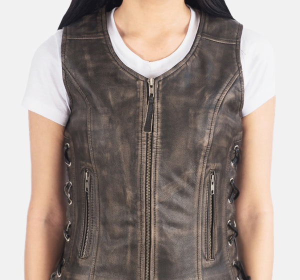 Distressed Original Leather Women Biker Vest