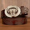 Men’s Leather Cowboy Belt with Bull Head Buckle