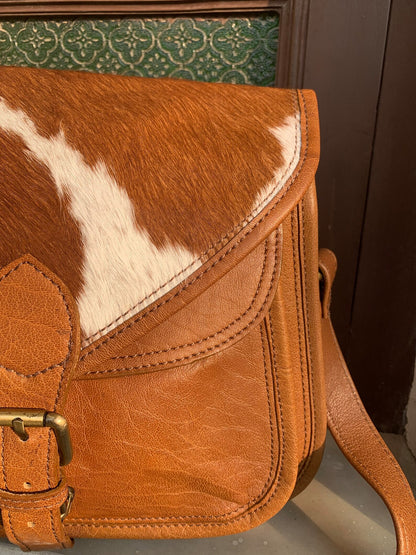 Natural Cowhide Messenger Bag Brown White