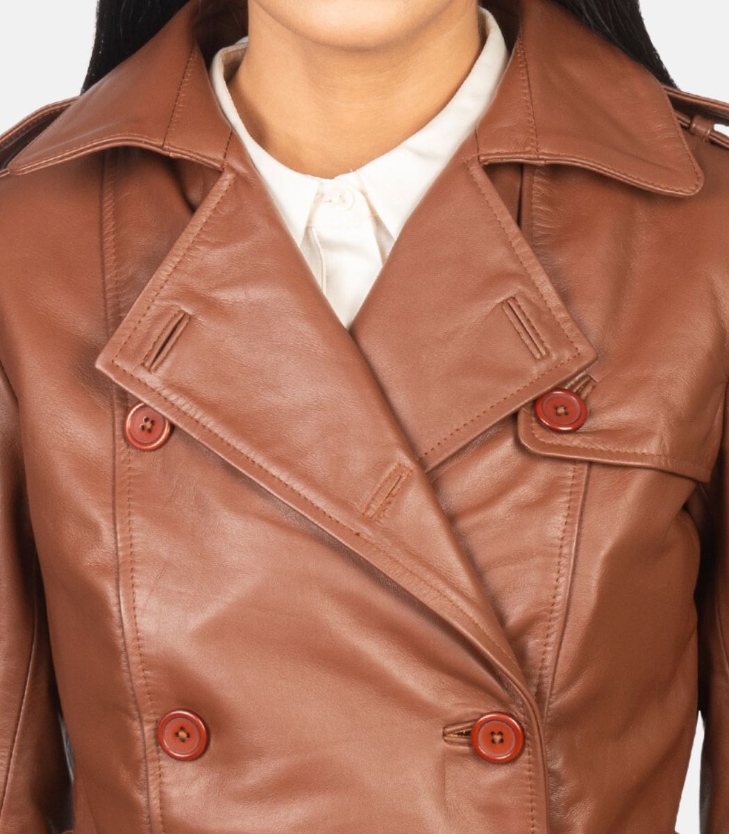 Brown Leather Women Trench Coat