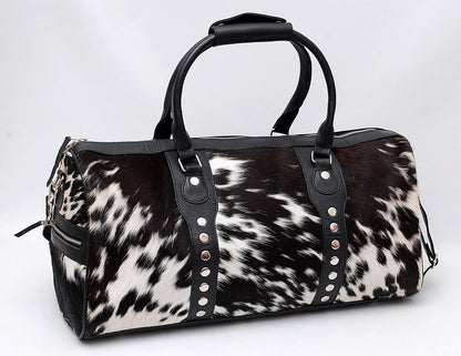 Cowhide Duffle Bag With Rivets Black White