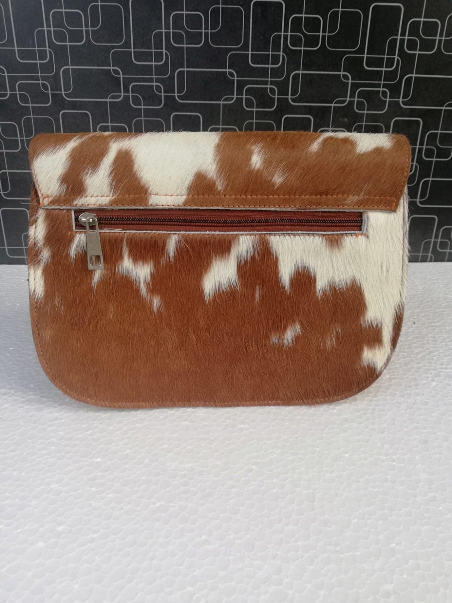 Brown White Cowhide Crossbody Handbag
