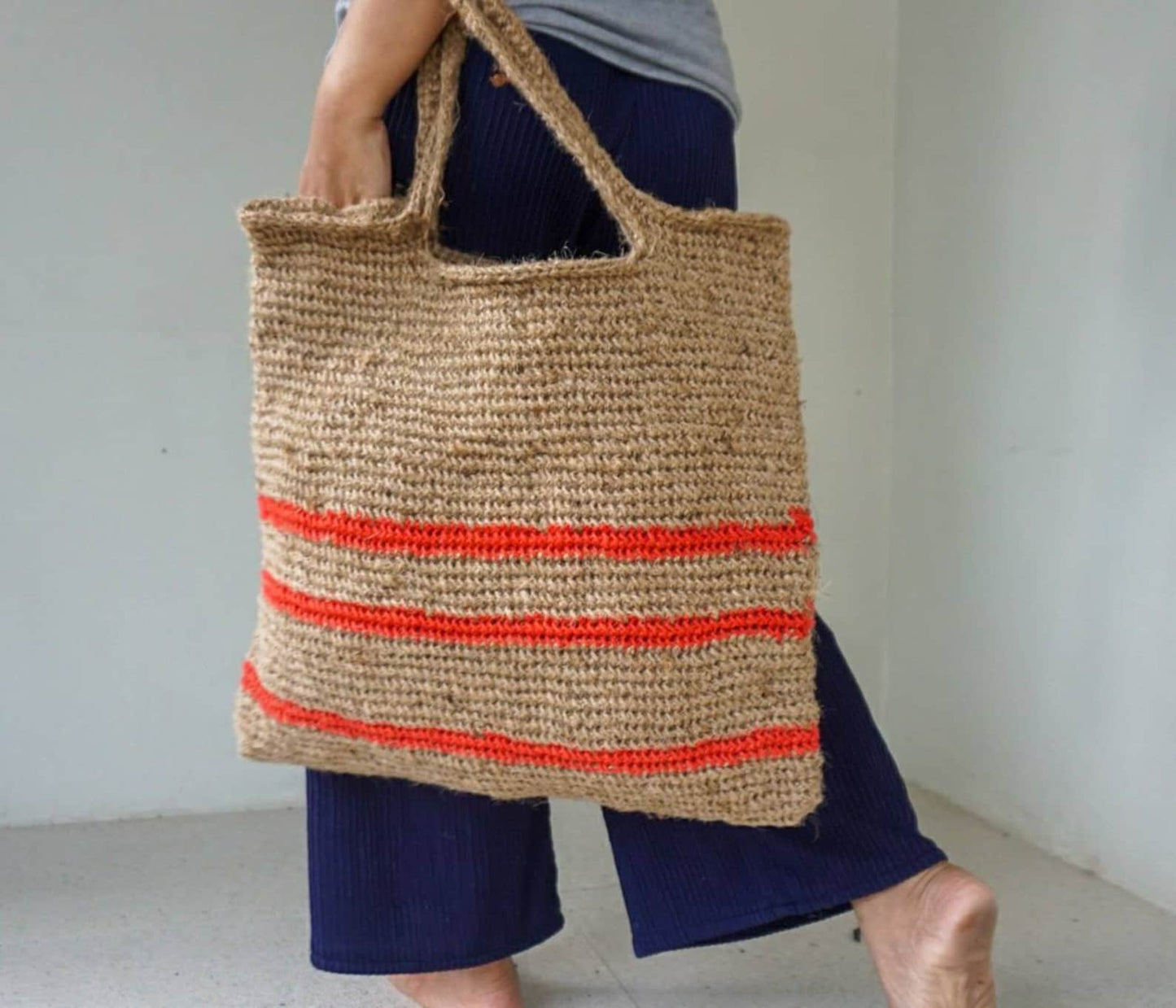 Large jute crochet shoulder bag crochet with stripe