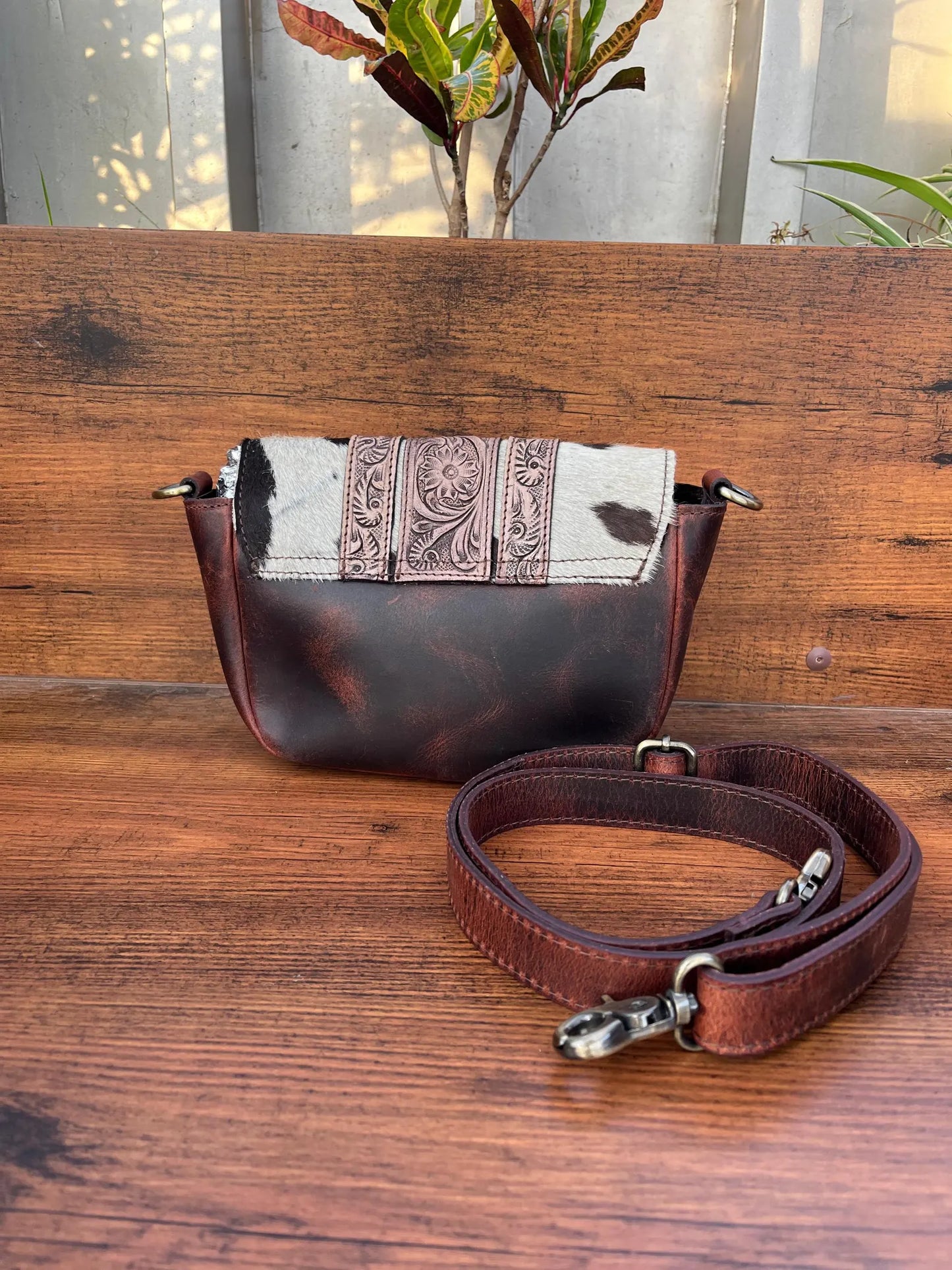 Cowhide crossbody bag tooled leather