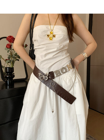 Retro western rivet belt women brown waist chain floral design 4