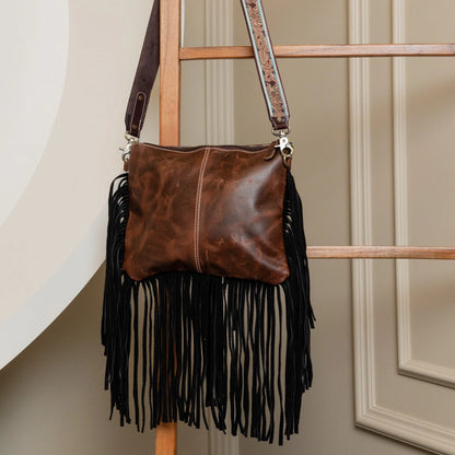 Tooled Leather Cowhide Crossbody Bag Fringe