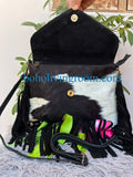 Black White Cowhide Crossbody Bag With Fringes