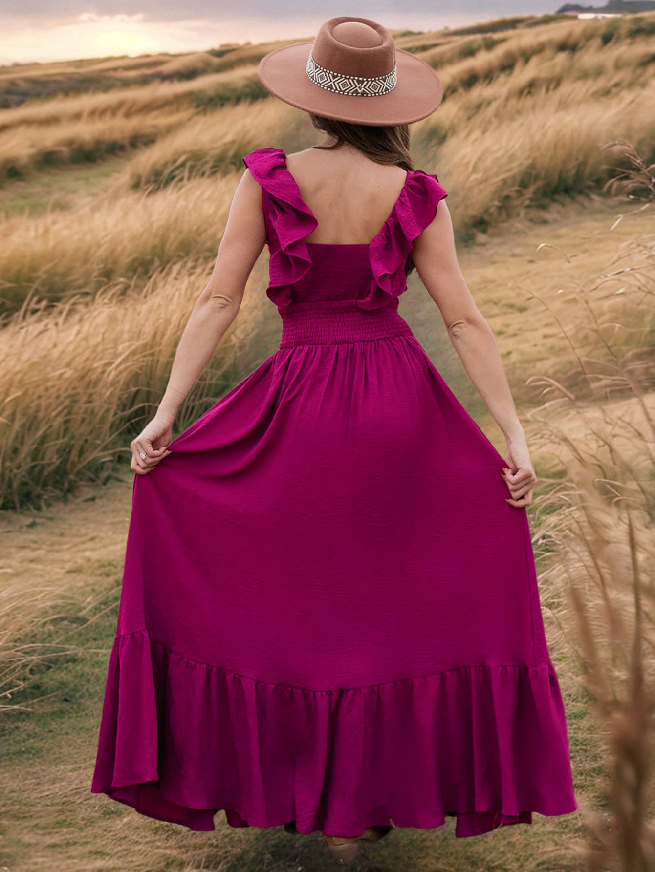 Hot Pink Ruffle Maxi Dress with Shoulder Detail