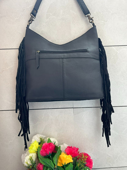 Tooled Cowhide Bag With Fringe