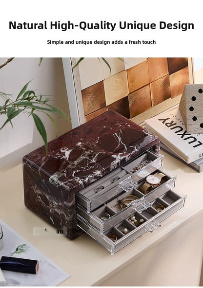 Natural Marble Jewelry Organizer Box with Multi-Drawer Storage