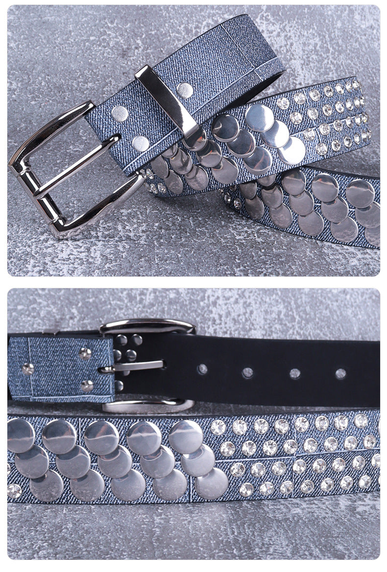 Women punk rhinestone stud faux leather belt