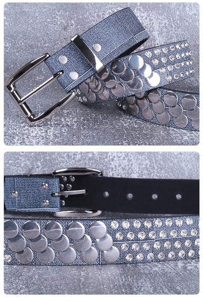 Women punk rhinestone stud faux leather belt
