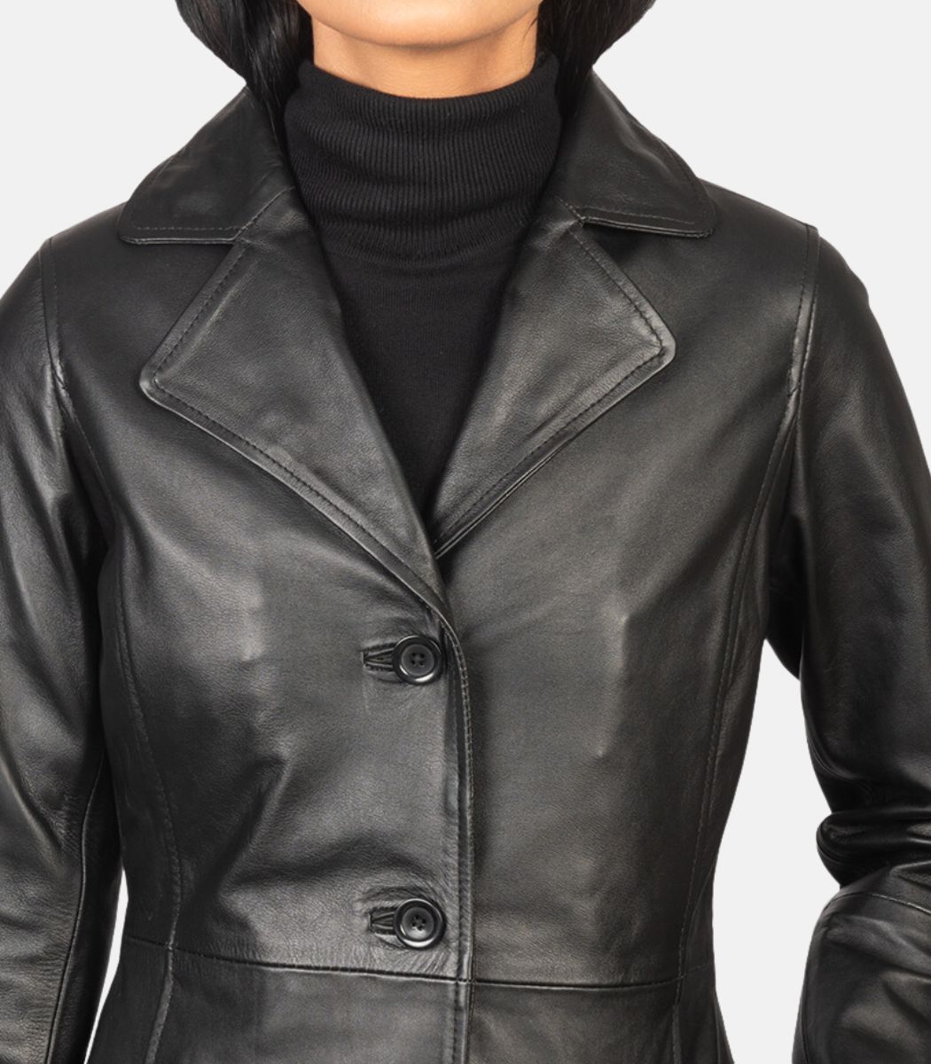 Women's Black Leather Trench Long Coat