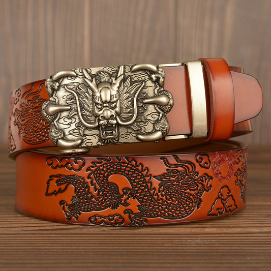Men’s Genuine Cowhide Leather Belt with Double Dragon Oval Buckle