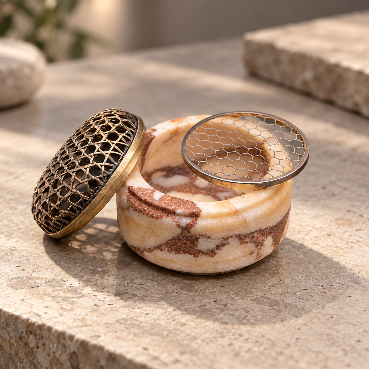 Incense Burner in Natural Marble with Decorative Metal Dome Lid
