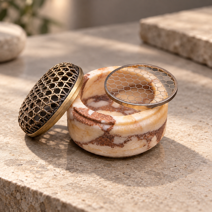 Incense Burner in Natural Marble with Decorative Metal Dome Lid
