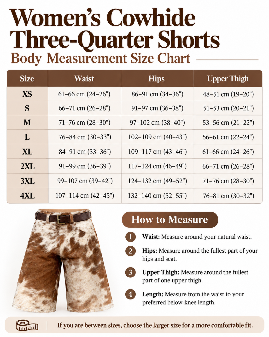 Women’s Cowhide Shorts Hair On Hide Western Long Style