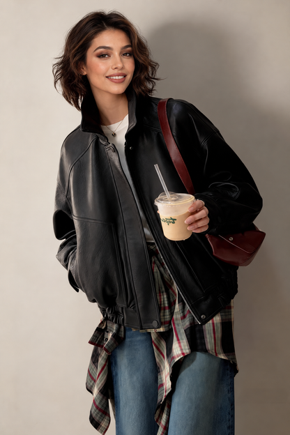 Women's Motorcycle Jacket in Oversized Genuine Sheepskin Leather