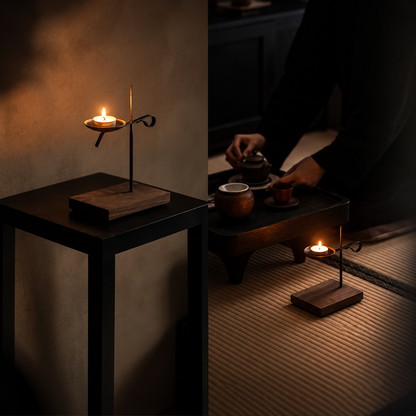 Black Wrought Iron Tea Light Candle Holder with Wooden Base